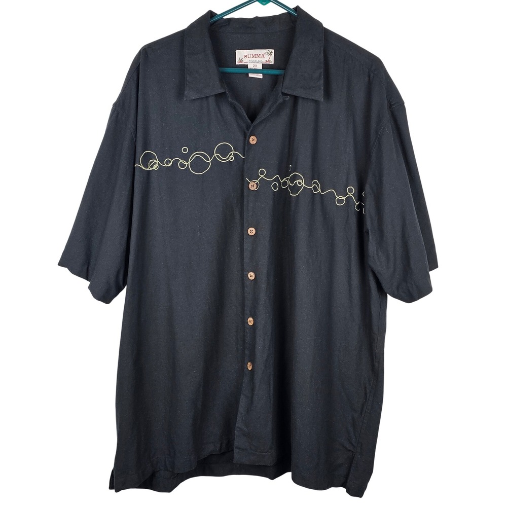 SUMMA Mens Black Silk Cotton Blend Short Sleeve Button Up Shirt 2X Tropical